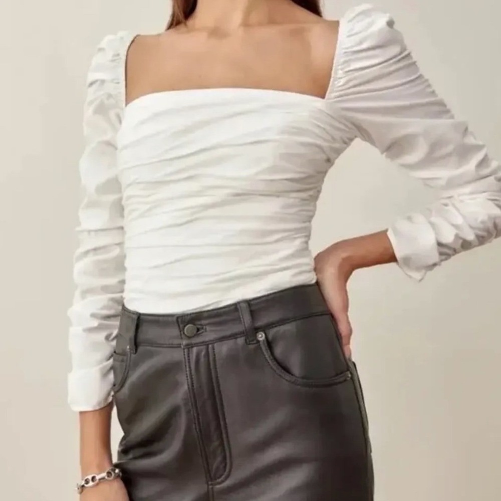 Reformation Joi Blouse White Ruched Square Neck Stretch Cotton Size 4